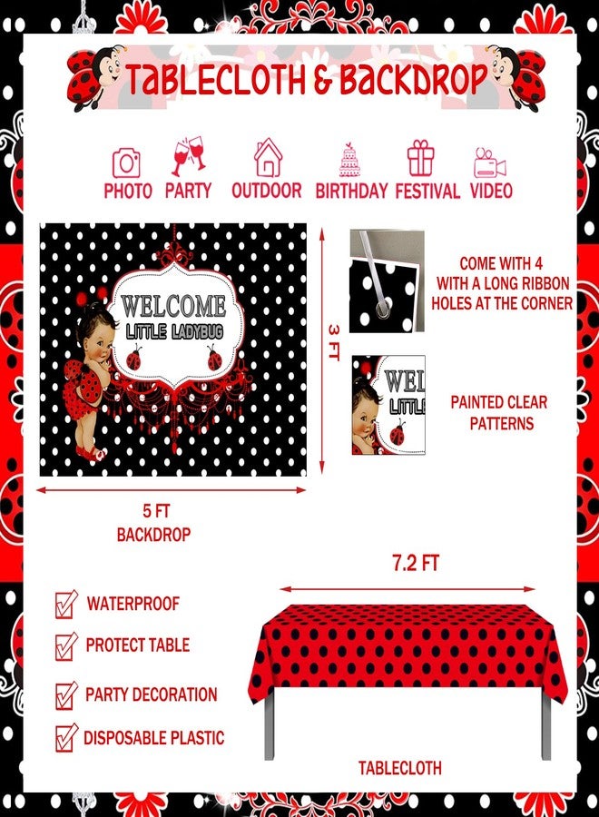 Fiesec 125 PCs Ladybug Baby Shower Decorations, Fiesec Ladybug Baby Shower Supplies Welcome Little Ladybug Backdrop Balloon Garland Banner Tablecloth Cake Topper Walking Balloon Polka Dots Heart Flower - Image 4